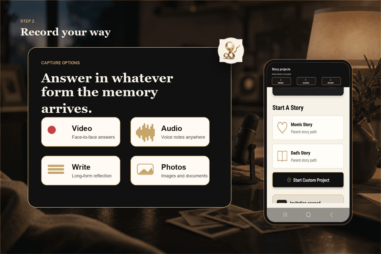 Life Ribbon capture example with video, audio, writing, photo options, and real project screen