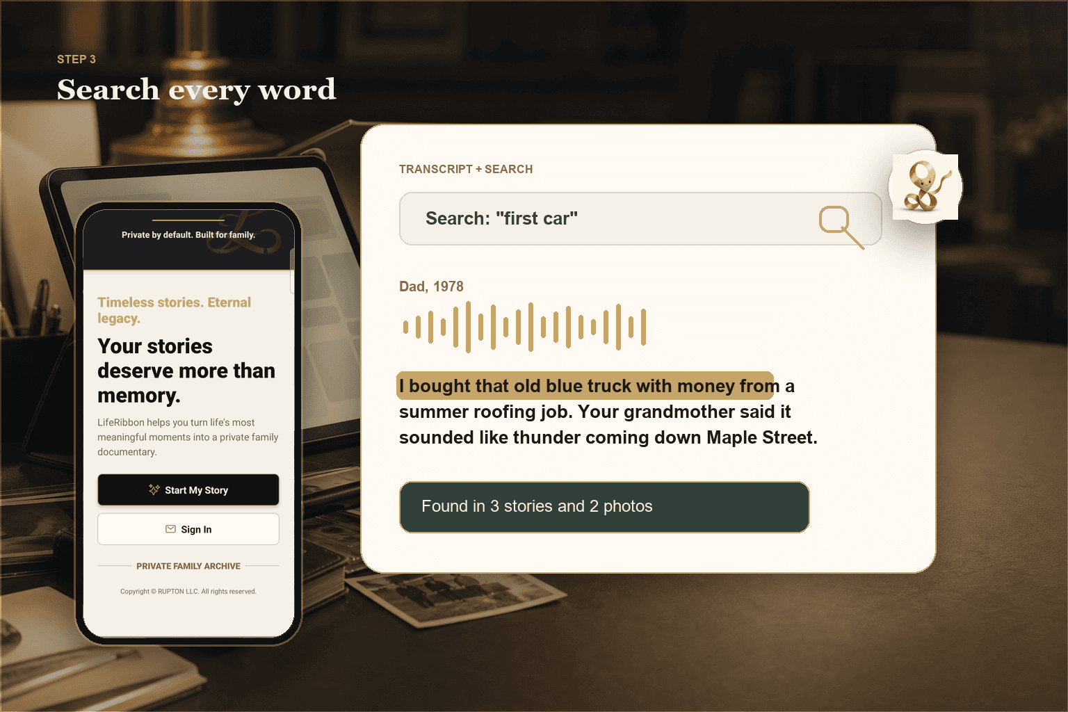 Life Ribbon searchable transcript example with highlighted memory text and audio waveform