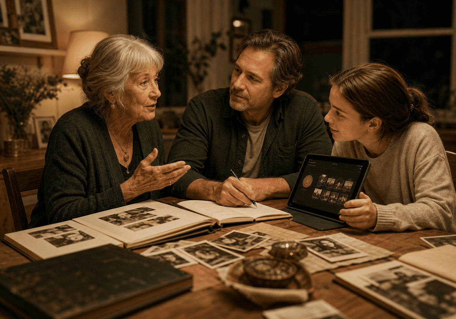Multi-generation family gathered around a Life Ribbon archive